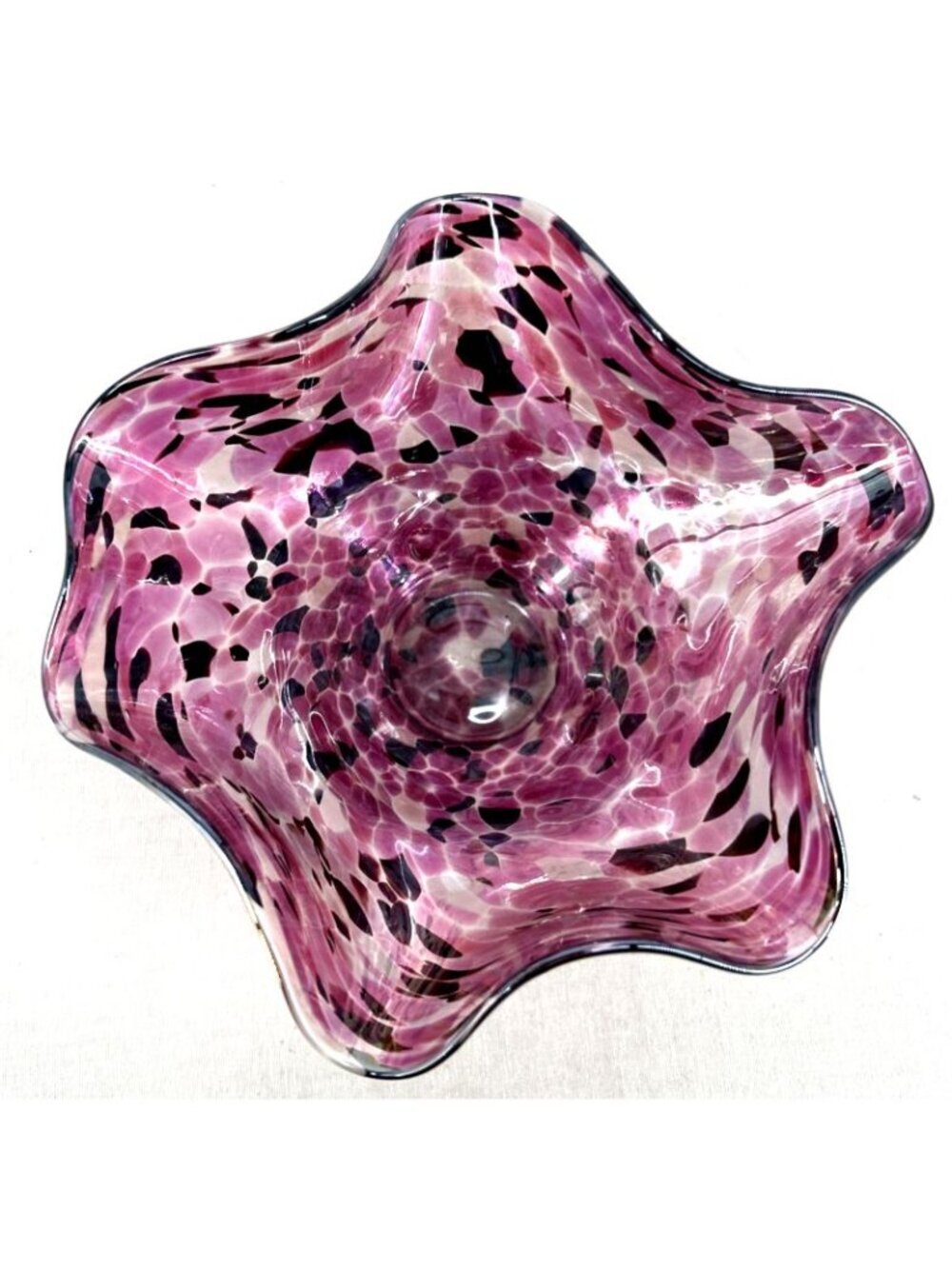 Glass Eye Studio Bowl Pink White Splatter Iridescent Hand Blown 6"
